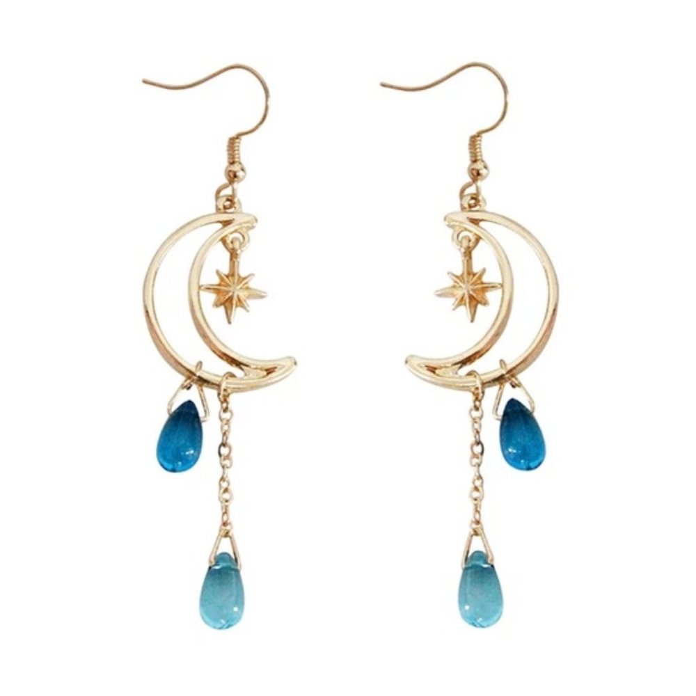 3/$30 GOLD MOON STARS BLUE WATER DROPS EARRINGS